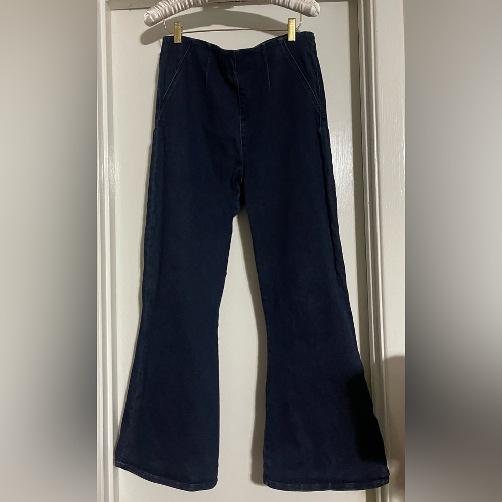 Veronica Beard Crosbie Wide Straight Crop Jeans Large Dark Wash Stretch